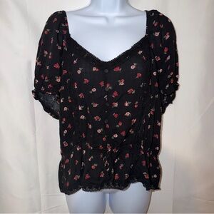 Black Floral V-Neck Peplum Blouse - Red Rose Print New Size 2xL